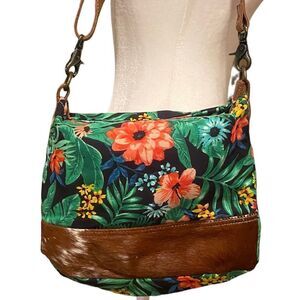 Myra Bag Hawaiian Print Purse With Cow Hair  Border Shoulder Bag